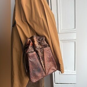 80s Brown Leather Box Bag Reptile Embossed Marble Ruched Drawstring Crossbody